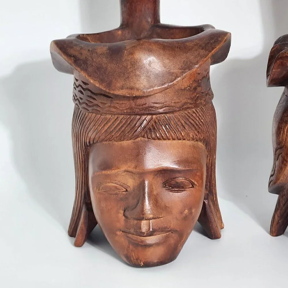 Polynesian Wood Carved Water Dipper Ladle 1960s Tribal Totem Africa Vintage 2Pcs